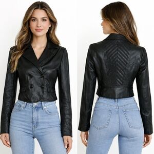 Women’s Black Leather Double-Breasted Jacket